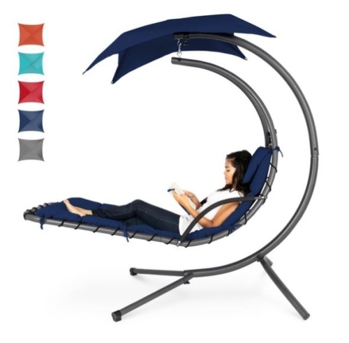 Hanging Curved Chaise Lounge Chair w/ Built-In Pillow, Removable Canopy, Navy Blue - Lot 582