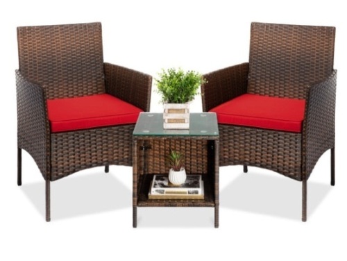 3-Piece Outdoor Patio Wicker Bistro Set w/ Side Storage Table, Brown/Red - Lot 585