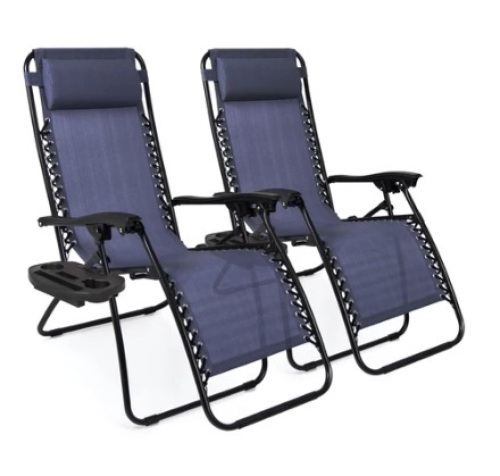 Set of 2 Adjustable Zero Gravity Patio Chair Recliners w/ Cup Holders, Blue - Lot 642