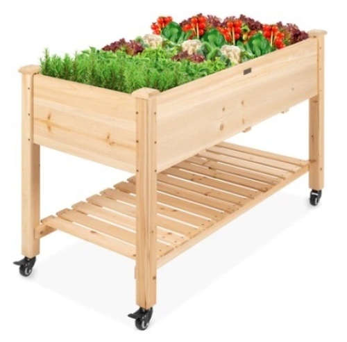 Mobile Raised Garden Bed Elevated Wood Planter w/ Wheels, Storage Shelf - Lot 648