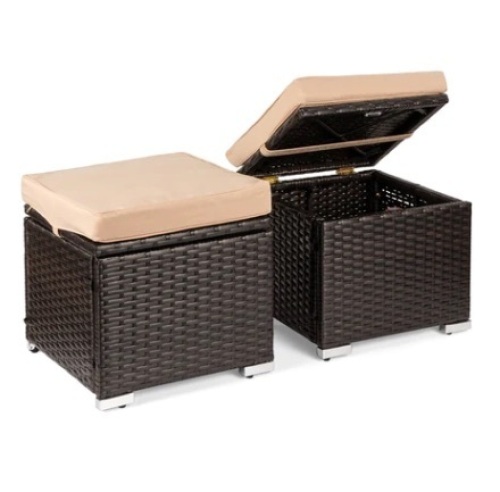 Set of 2 Wicker Ottomans, Multipurpose w/ Removable Cushions, Steel Frame, Brown/Beige - Lot 649