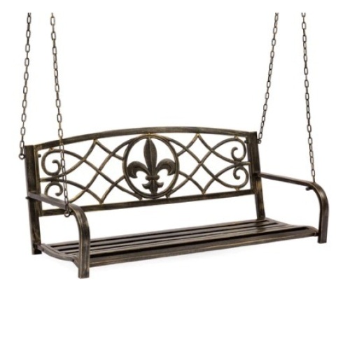 2-Person Outdoor Metal Hanging Swing Bench w/ Fleur-de-Lis Accents, Bronze - Lot 653