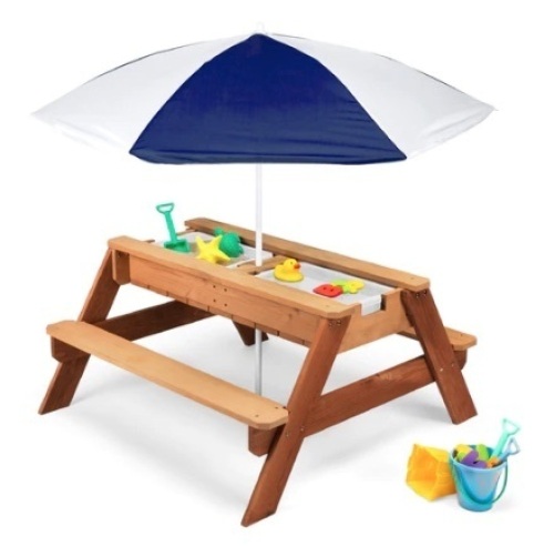 3-in-1 Kids Sand & Water Table Outdoor Wood Picnic Table w/ Umbrella, Navy - Lot 654
