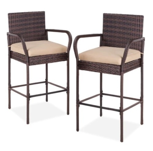 Set of 2 Indoor Outdoor Wicker Bar Stools w/ Cushion, Footrests, Armrests, Brown - Lot 661