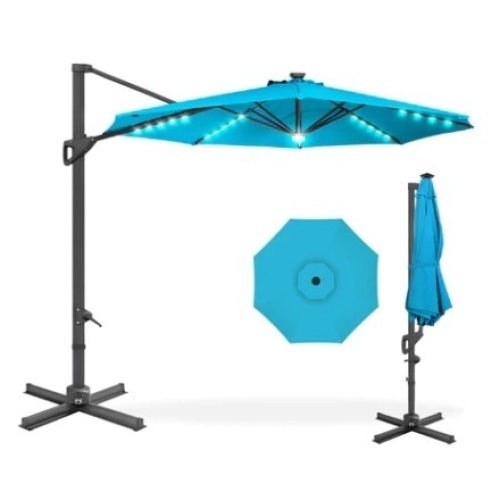 360-Degree Solar LED Cantilever Offset Patio Umbrella w/ Tilt, 10ft, Light Blue - Lot 672