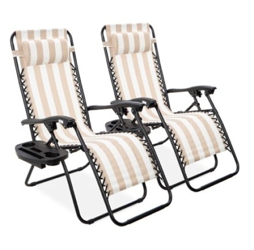 Set of 2 Adjustable Zero Gravity Patio Chair Recliners w/ Cup Holders, Tan Striped - Lot 683
