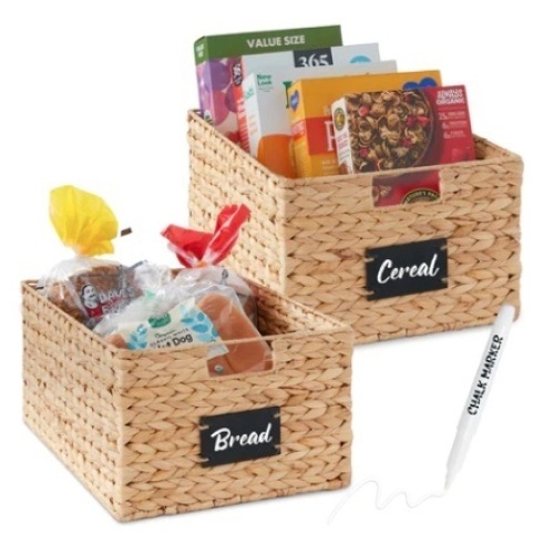 Set of 2 Water Hyancinth Pantry Baskets w/ Chalkboard, Marker, 16in, Natural - Lot 685
