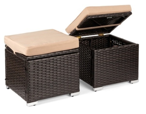 Set of 2 Wicker Ottomans, Multipurpose w/ Removable Cushions, Steel Frame, Brown/Beige - Lot 403