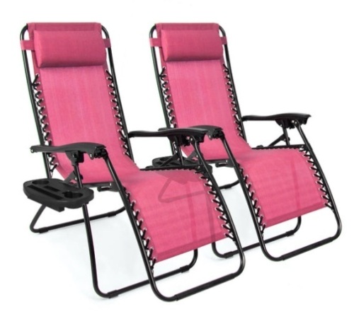 Set of 2 Adjustable Zero Gravity Patio Chair Recliners w/ Cup Holders, Pink - Lot 405