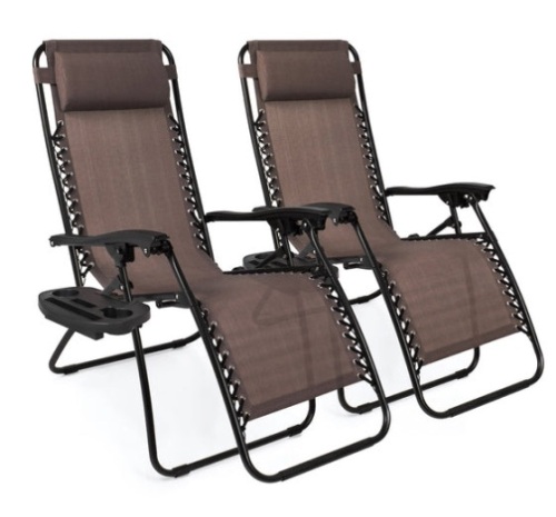 Set of 2 Adjustable Zero Gravity Patio Chair Recliners w/ Cup Holders, Brown - Lot 406
