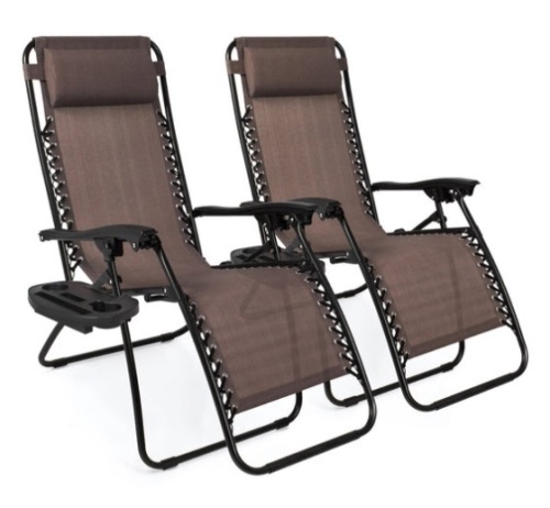 Set of 2 Adjustable Zero Gravity Patio Chair Recliners w/ Cup Holders, Brown - Lot 407