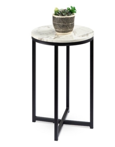 Round Coffee Side Table w/ Faux Marble Top, Metal Frame - 16in, White/Matte Black - Lot 410
