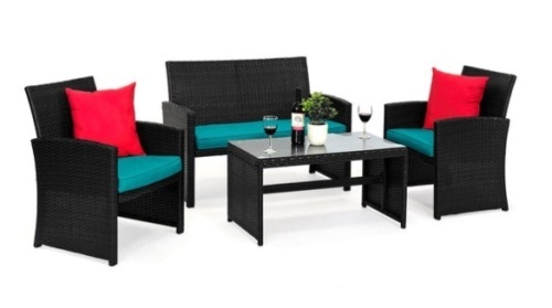 4-Piece Outdoor Wicker Conversation Patio Set w/ 4 Seats, Glass Table Top, Black/Teal - Lot 413