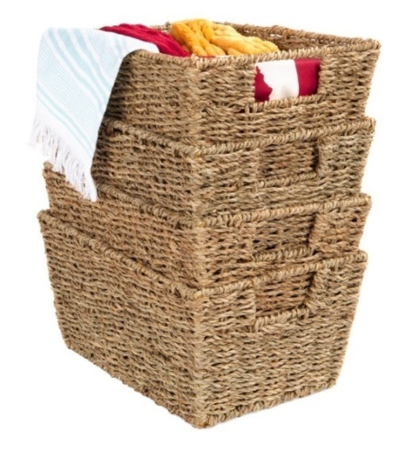 Set of 4 Seagrass Storage Tote Baskets, Laundry Organizer w/ Insert Handles, Natural - Lot 414