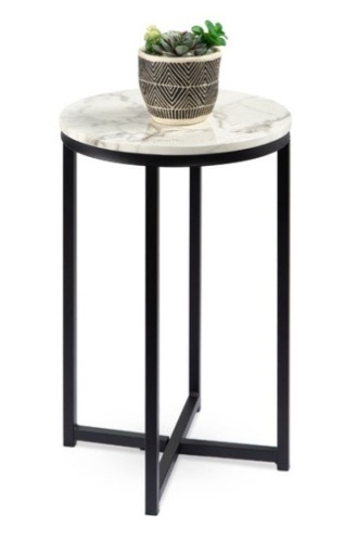 Round Coffee Side Table w/ Faux Marble Top, Metal Frame - 16in, White/Matte Black - Lot 419
