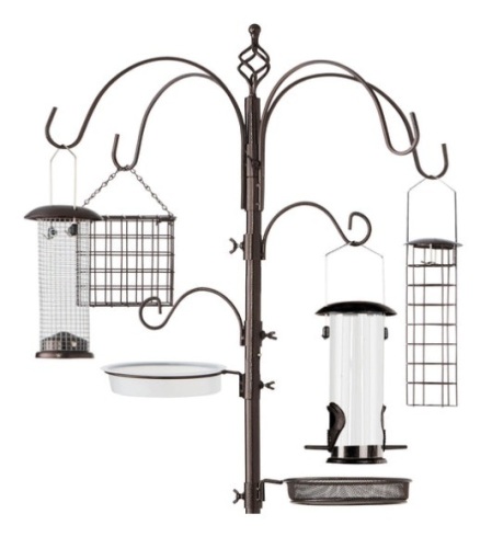 Bird Feeding Station, 6-Hook Steel Multi-Feeder Stand w/ 4 Feeders - 89in, Bronze - Lot 436