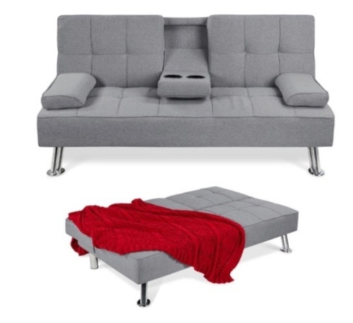 Linen Upholstered Convertible Sofa Bed Futon w/ 2 Cupholders, Gray - Lot 442