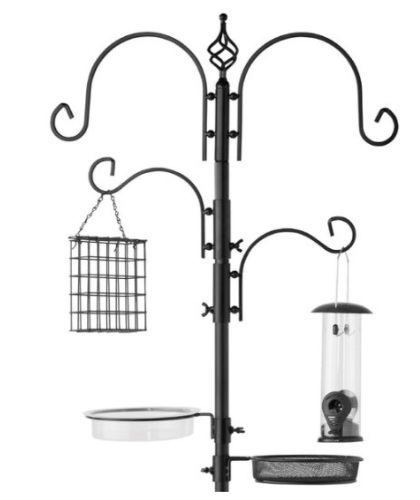 4-Hook Bird Feeding Station, Steel Feeder Stand w/ 2 Bird Feeders - 91in, Black - Lot 446