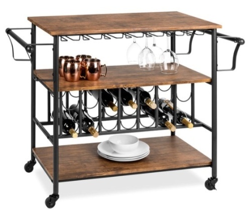 45in Industrial Wood Shelf Bar & Wine Cart w/ Bottle & Glass Racks - Lot 452