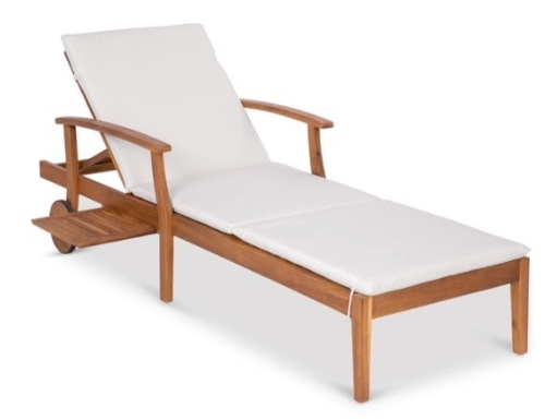 Adjustable Acacia Wood Chaise Lounge Chair w/ Side Table, Wheels - 79x26in, Cream - Lot 453