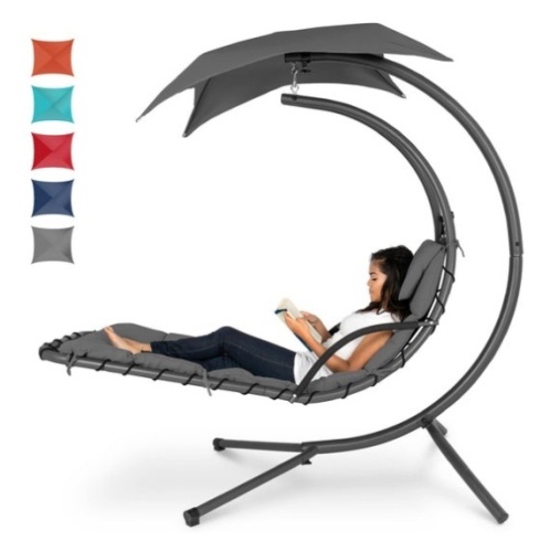 Hanging Curved Chaise Lounge Chair w/ Built-In Pillow, Removable Canopy, Charcoal Gray - Lot 456
