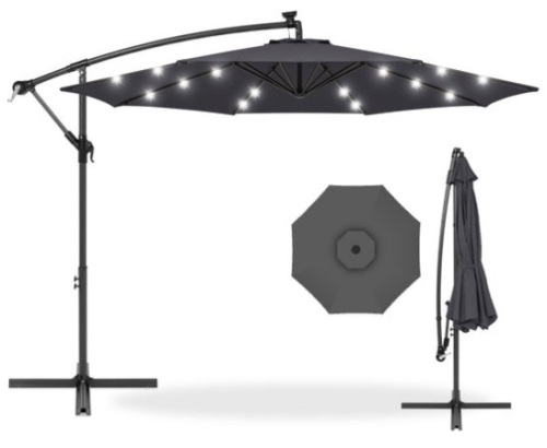 Solar LED Offset Hanging Patio Umbrella w/ Crank Tilt Adjustment - 10ft, Gray - Lot 458