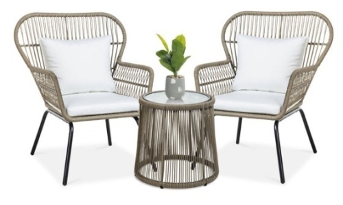 3-Piece Patio Wicker Conversation Bistro Set w/ 2 Chairs, Glass Top Table, Tan - Lot 461
