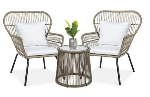 3-Piece Patio Wicker Conversation Bistro Set w/ 2 Chairs, Glass Top Table, Tan - Lot 462