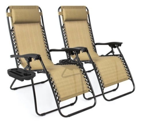 Set of 2 Adjustable Zero Gravity Patio Chair Recliners w/ Cup Holders, Beige - Lot 471