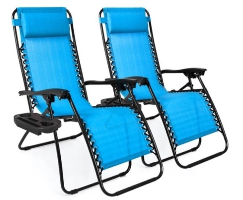 Set of 2 Adjustable Zero Gravity Patio Chair Recliners w/ Cup Holders, Aqua Blue - Lot 472