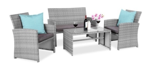 4-Piece Outdoor Wicker Conversation Patio Set w/ 4 Seats, Glass Table Top, Gray/Gray - Lot 473
