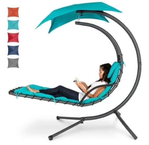 Hanging Curved Chaise Lounge Chair w/ Built-In Pillow, Removable Canopy, Blue - Lot 476