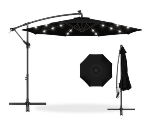 Solar LED Offset Hanging Patio Umbrella w/ Crank Tilt Adjustment - 10ft, Black - Lot 482