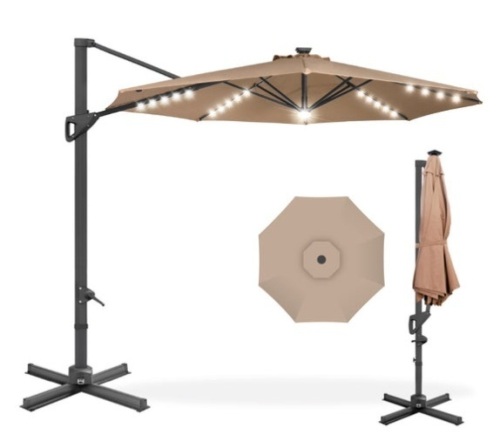 360-Degree Solar LED Cantilever Offset Patio Umbrella w/ Tilt - 10ft, Tan - Lot 484