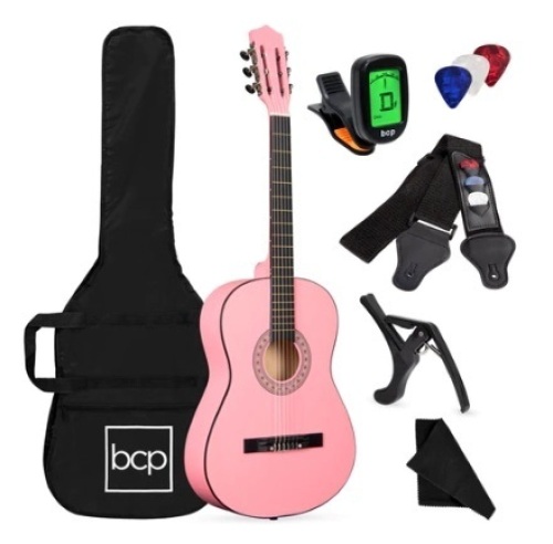 Beginner Acoustic Guitar Set w/ Case, Strap, Digital Tuner, Strings, 38in, Pink - Lot 696
