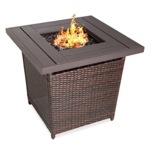 28in Fire Pit Table 50,000 BTU Wicker Propane w/ Faux Wood Tabletop, Cover, Brown - Lot 700