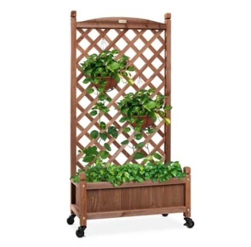 Wood Planter Box & Lattice Trellis w/ Drainage, Optional Wheels, 60in - Lot 701
