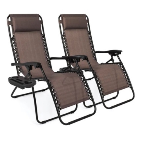 Set of 2 Adjustable Zero Gravity Patio Chair Recliners w/ Cup Holders, Brown - Lot 709