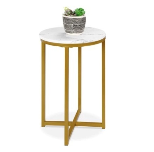 Round Coffee Side Table w/ Faux Marble Top, Metal Frame, 16in, White/Bronze Gold - Lot 710