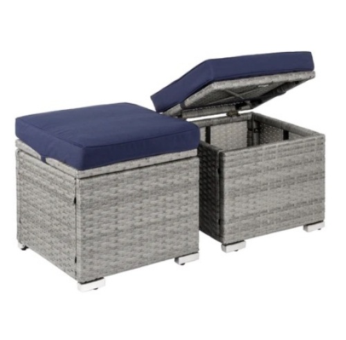 Set of 2 Wicker Ottomans, Multipurpose w/ Removable Cushions, Steel Frame, Gray/Navy - Lot 713