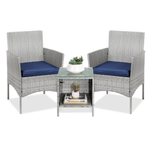 3-Piece Outdoor Patio Wicker Bistro Set w/ Side Storage Table, Gray/Navy - Lot 717