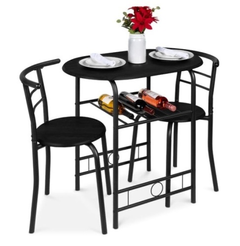 3-Piece Wooden Table & Chairs Dining Set w/ Lower Storage Shelf, Black - Lot 488