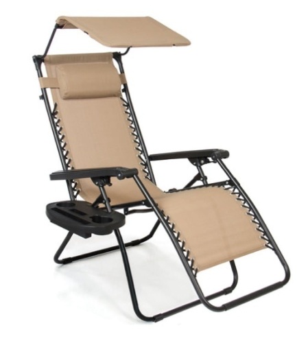 Folding Zero Gravity Recliner Patio Lounge Chair w/ Canopy, Side Tray, Beige - Lot 491