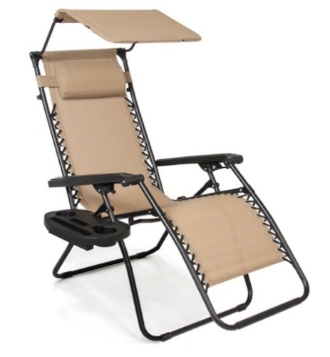 Folding Zero Gravity Recliner Patio Lounge Chair w/ Canopy, Side Tray, Beige - Lot 494