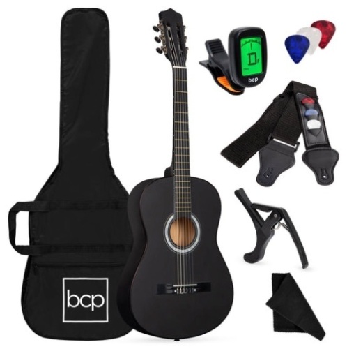 Beginner Acoustic Guitar Set w/ Case, Strap, Digital Tuner, Strings - 38in, Matte Black - Lot 499