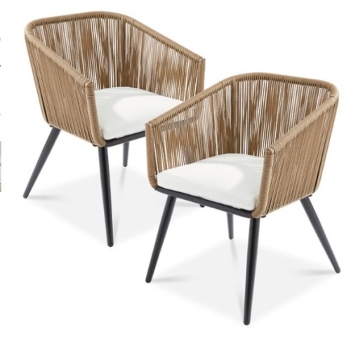 Set of 2 Indoor Outdoor Woven Wicker Patio Dining Chairs, 250lb Capacity, Natural/Ivory - Lot 587