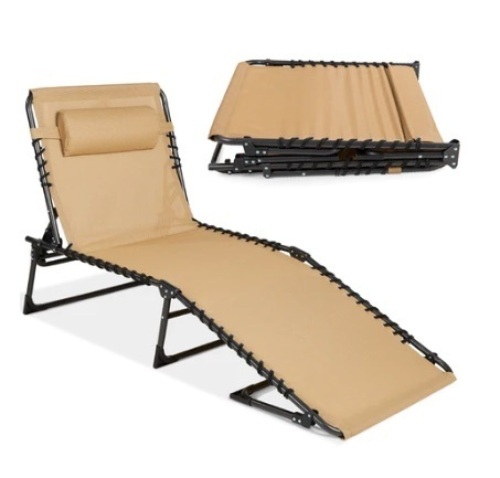 Portable Patio Chaise Lounge Chair Outdoor Recliner w/ Pillow, Tan  - Lot 718