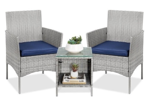 3-Piece Outdoor Patio Wicker Bistro Set w/ Side Storage Table, Gray/Navy - Lot 740