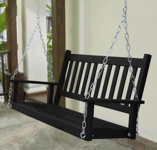 Veikous 4 ft. Outdoor Wooden Patio Porch Swing with Chains and Curved Bench, Black - Lot 746