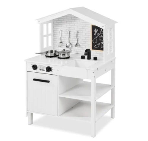 Kids Farmhouse Play Kitchen w/ Chalkboard, Storage Shelves, 5 Accessories, White - Lot 726